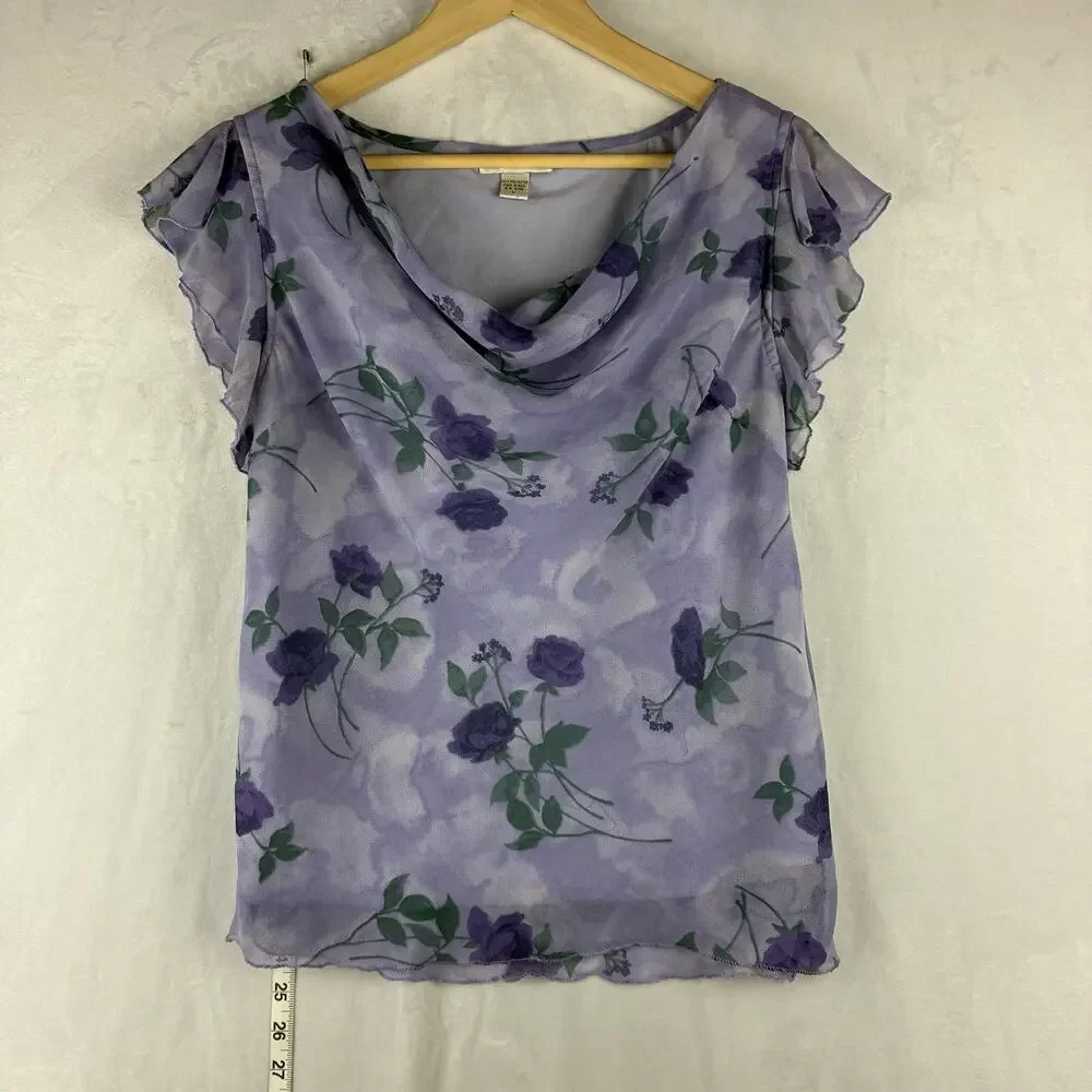 Vintage 2 Piece Cowl Flutter Blouse Midi Skirt Womens Large Purple Rose Romantic
